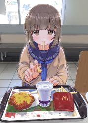Rule 34 | 1girl, blue neckerchief, blue sailor collar, blue skirt, blush, brown eyes, brown hair, burger, chair, commentary request, cup, disposable cup, fast food, food, french fries, highres, holding, holding food, idolmaster, idolmaster cinderella girls, incoming food, indoors, kaishinshi, long hair, long sleeves, mcdonald&#039;s, mouth hold, neckerchief, pleated skirt, pov, pov across table, sailor collar, school uniform, serafuku, sitting, skirt, solo, tray, yorita yoshino