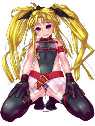 Rule 34 | 00s, 1girl, belt, blonde hair, blush, bodypaint, bow, censored, clitoris piercing, collar, fate testarossa, fate testarossa (original form), female focus, flat chest, gloves, hair bow, highres, kneeling, long hair, looking at viewer, lyrical nanoha, mahou shoujo lyrical nanoha, navel, nipple piercing, nipples, nude, open mouth, painted clothes, piercing, pointless censoring, pussy, pussy piercing, raplus, red eyes, simple background, solo, spread legs, thighhighs, twintails, white background