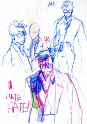 Rule 34 | 1boy, a.m, bad source, black hair, english text, glasses, i have no mouth and i must scream, kwh6762, lab coat, messy hair, necktie, opaque glasses, personification, traditional media