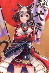 Rule 34 | 1girl, alternate costume, animal ears, armor, banner, battle standard, blush, commentary request, crossed arms, flag, hair ornament, highres, horse ears, horse girl, horse tail, japanese armor, looking at viewer, medium hair, nobori, ponpochi, purple eyes, simple background, solo, special week (supreme commander of the rising sun) (umamusume), special week (umamusume), tail, umamusume, war banner