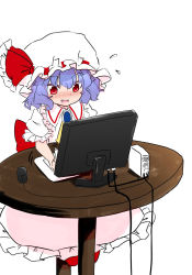 Rule 34 | 1girl, :d, aichinomiya, ascot, blush, computer, drawing, drawing tablet, fangs, flying sweatdrops, happy, hat, highres, motion lines, open mouth, remilia scarlet, smile, solo, table, touhou
