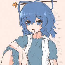 Rule 34 | 1girl, blue dress, blue eyes, blue hair, chisel, dirty, dirty clothes, dirty face, dress, expressionless, hair ornament, hair rings, hair stick, highres, kaku seiga, kokowoch, open clothes, open mouth, open vest, short hair, short sleeves, simple background, sitting, solo, tears, touhou, upper body, vest, white vest