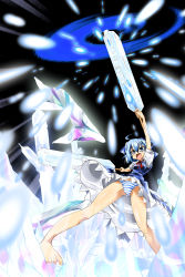 Rule 34 | 1girl, ahoge, angry, arm up, barefoot, blue eyes, blue hair, bow, cameltoe, cirno, delusion overdose, dress, dual wielding, embodiment of scarlet devil, fang, feet, female focus, fighting stance, flat chest, food, glowing, hair bow, highres, holding, ice, legs, light particles, magic, matching hair/eyes, matsuno canel, no shoes, open mouth, panties, pantyshot, popsicle, ribbon, short hair, solo, standing, striped clothes, striped panties, touhou, underwear, upskirt, wind, wind lift