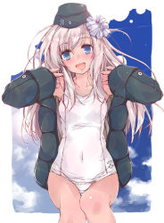 Rule 34 | 10s, 1girl, black hat, black jacket, blonde hair, blue eyes, blue sky, character name, cloud, covered navel, day, fang, garrison cap, hair ribbon, hat, jacket, kantai collection, long hair, looking at viewer, navel, one-piece swimsuit, ribbon, school swimsuit, sitting, sky, solo, striped ribbon, swimsuit, swimsuit under clothes, u-511 (kancolle), white one-piece swimsuit, white ribbon, white school swimsuit, yumesato makura