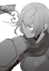 Rule 34 | 1girl, commentary request, ember celica (rwby), english text, grin, monochrome, official art, rwby, smile, solo, title, yang xiao long, yasuda suzuhito