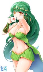 Rule 34 | 1girl, absurdres, armpits, bloom, bracer, breasts, circlet, clothing cutout, collarbone, commentary request, commission, cup, gold trim, green hair, green skirt, hair flip, highres, holding, holding cup, irena (maplestory), kochiya sanae, korean commentary, large breasts, linea alba, long hair, looking at viewer, maplestory, midriff, miniskirt, mixed-language commentary, navel, orange eyes, parted lips, poolpool, signature, simple background, skirt, solo, stomach cutout, very long hair, white background