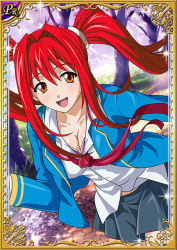 Rule 34 | 00s, 1girl, breasts, card (medium), female focus, hair ornament, ikkitousen, kanpei, large breasts, long hair, long twintails, looking at viewer, open mouth, red hair, school, school uniform, skirt, smile, solo, twintails