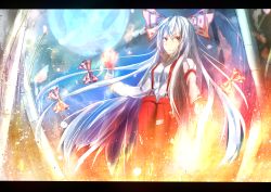 Rule 34 | 1girl, arm belt, armband, aruto2498, bamboo, bamboo forest, blurry, bow, burning, depth of field, dress shirt, embers, fire, fire, forest, fujiwara no mokou, full moon, hair bow, hair ribbon, highres, letterboxed, long hair, long sleeves, looking at viewer, moon, nature, ofuda, pants, red eyes, red pants, ribbon, shirt, smile, solo, suspenders, touhou, tress ribbon, very long hair, white hair, white shirt