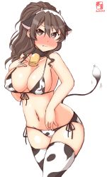 Rule 34 | 1girl, alternate costume, animal ears, animal print, artist logo, ashigara (kancolle), bell, bikini, blush, breasts, brown eyes, brown hair, commentary request, covered erect nipples, cow ears, cow horns, cow print, cow tail, cowbell, cowboy shot, dated, fake animal ears, fake horns, fang, highres, horns, kanon (kurogane knights), kantai collection, large breasts, long hair, looking at viewer, nose blush, one-hour drawing challenge, side-tie bikini bottom, simple background, solo, swimsuit, tail, wavy hair, white background, white bikini, white legwear