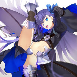 Rule 34 | 10s, 1girl, :d, armor, asymmetrical bangs, black coat, blue eyes, coat, fate/extra, fate/extra ccc, fate (series), greaves, juliet sleeves, long hair, long sleeves, looking at viewer, meltryllis (fate), navel, open mouth, puffy sleeves, purple hair, sanae (satansanae), smile, solo, split, standing, standing on one leg, standing split, thighs, very long hair