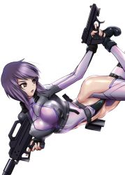 Rule 34 | 1girl, aegis (nerocc), belt, bouncing breasts, breasts, covered navel, dual wielding, covered erect nipples, ghost in the shell, ghost in the shell stand alone complex, gloves, gun, handgun, holding, holding gun, holding weapon, jumping, kusanagi motoko, leotard, looking back, open mouth, pistol, purple hair, red eyes, rifle, short hair, solo, suppressor, thighhighs, trigger discipline, weapon, white background
