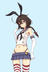 Rule 34 | 1girl, absurdres, ahoge, armpits, bare shoulders, black hair, black neckerchief, black panties, blue background, blue eyes, blue sailor collar, blush, bow, braid, buttons, closed mouth, commentary request, cosplay, cowboy shot, crop top, double-breasted, elbow gloves, embarrassed, gloves, hair between eyes, hair bow, hairband, hand up, head tilt, highleg, highleg panties, highres, kantai collection, long hair, looking at viewer, midriff, navel, neckerchief, neve (morris-minicooper), panties, red bow, sailor collar, school uniform, serafuku, shigure (kancolle), shimakaze (kancolle), shimakaze (kancolle) (cosplay), shirt, simple background, single braid, sleeveless, sleeveless shirt, solo, standing, stomach, striped clothes, striped thighhighs, thighhighs, underwear, wavy mouth, white gloves, white shirt, zettai ryouiki