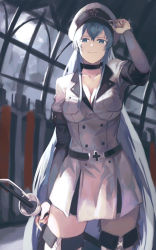 Rule 34 | 1girl, akame ga kill!, black choker, blue eyes, boots, breasts, choker, cleavage, closed mouth, collarbone, cowboy shot, dress, esdeath, hair between eyes, hat, holding, holding sword, holding weapon, large breasts, layered sleeves, long hair, long sleeves, looking at viewer, military, military hat, military uniform, nasubin (nasubisamurai15), sheath, sheathed, short dress, short over long sleeves, short sleeves, silver hair, smile, solo, standing, sword, thigh boots, thighhighs, uniform, very long hair, weapon, white dress, white footwear, white hat, zettai ryouiki