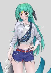 Rule 34 | 1girl, absurdres, aqua hair, arm at side, belt, bird tail, blue shorts, brown eyes, commentary request, cowboy shot, cutoffs, fanny pack, grey background, hand on own hip, head wings, highres, japari symbol, kemono friends, long hair, long sleeves, looking at viewer, midriff, navel, open clothes, open shirt, resplendent quetzal (kemono friends), shirt, short shorts, shorts, simple background, sleeves rolled up, smile, solo, tail, tanabe (fueisei), very long hair, white shirt, wings
