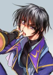 Rule 34 | 1boy, black hair, c.c., code geass, creayus, detached sleeves, finger in another&#039;s mouth, lelouch vi britannia, mouth pull, purple eyes, saliva, tears