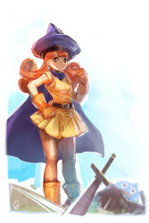 Rule 34 | 1girl, alena (dq4), belt, border, bow (bhp), brown eyes, cape, closed mouth, curly hair, dragon quest, dragon quest iv, dress, earrings, feet out of frame, gloves, hand on own hip, hand up, hat, highres, jewelry, looking at viewer, orange footwear, orange gloves, orange hair, planted, planted sword, planted weapon, purple cape, purple hat, short dress, slime (dragon quest), smile, solo, sword, weapon, white border, yellow dress