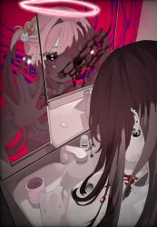Rule 34 | 2girls, absurdres, black eyes, blood, blood on mirror, bow, bowtie, cup, different reflection, ear piercing, earrings, facing away, faucet, hair ornament, halo, hanataro (sruvhqkehy1zied), hand on mirror, heart, heart-shaped pupils, heart earrings, heart hair ornament, heterochromia, highres, indoors, jewelry, long hair, long sleeves, looking at another, magical girl, mirror, multiple earrings, multiple girls, open hand, open mouth, original, piercing, pink bow, pink bowtie, pink eyes, pink hair, pink halo, pink shirt, rabbit hair ornament, reflection, shirt, sink, smile, sweat, symbol-shaped pupils, twintails, upper body