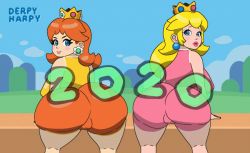 Rule 34 | 2020, 2girls, animated, animated gif, ass, ass-to-ass, ass press, ass shake, backboob, bare shoulders, blonde hair, blue eyes, blush stickers, breasts, brown hair, cameltoe, crown, derpyharpy, earrings, from behind, hip attack, huge ass, huge breasts, jewelry, large breasts, long hair, looking at viewer, looking back, mario (series), muffinpuff, multiple girls, nintendo, orange hair, outdoors, princess daisy, princess peach, shiny clothes, short hair, short shorts, shorts, smile, super mario bros. 1, super mario land, thick lips, thick thighs, thighs, wide hips