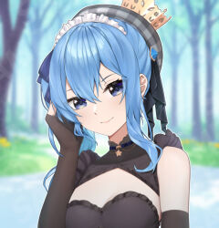 Rule 34 | 1girl, beret, black gloves, black ribbon, blue brooch, blue choker, blue eyes, blue hair, blue ribbon, blurry, blurry background, breasts, choker, cleavage cutout, clothing cutout, commission, crown, elbow gloves, fingerless gloves, gloves, grey hat, hair ribbon, hand in own hair, hat, highres, hololive, hoshimachi suisei, kaiend, maid headdress, medium breasts, plaid headwear, ribbon, small breasts, solo, star (symbol), star choker, star in eye, symbol in eye, tree, upper body, virtual youtuber
