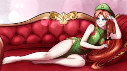Rule 34 | 1girl, bad id, bad pixiv id, bare shoulders, barefoot, beret, blue eyes, braid, breasts, cafeier, couch, eyebrows hidden by hair, hair ribbon, hat, highres, hip focus, hong meiling, large breasts, long hair, looking to the side, midriff, nail polish, parted bangs, pink background, red hair, red nails, ribbon, smile, solo, star (symbol), thighs, toenail polish, toenails, touhou