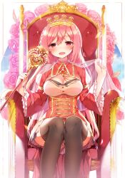 Rule 34 | 1girl, bad id, bad pixiv id, baton, black thighhighs, breasts, capelet, cleavage, cleavage cutout, clothing cutout, crown, dress, flower, large breasts, long hair, long sleeves, looking at viewer, open mouth, pink eyes, pink flower, pink hair, pink rose, rasis, red dress, rose, see-through, shnva, sitting, smile, solo, sound voltex, thighhighs, thighs, throne, very long hair, wide sleeves, zettai ryouiki
