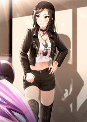 Rule 34 | 1girl, black footwear, black hair, black jacket, black shorts, black thighhighs, blush, boots, breasts, choker, cleavage, closed mouth, collarbone, crop top, eyewear hang, unworn eyewear, green eyes, hand on own hip, helmet, highres, idolmaster, idolmaster cinderella girls, jacket, jewelry, large breasts, long hair, long sleeves, looking to the side, midriff, motor vehicle, motorcycle, motorcycle helmet, mukai takumi, navel, necklace, open clothes, open jacket, parted bangs, shadow, shangzi, shirt, shorts, smile, solo, sunglasses, sunglasses around neck, sunglasses removed, sunlight, thigh boots, thighhighs, white shirt