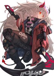 Rule 34 | 1girl, bad id, bad pixiv id, belt boots, black footwear, blush, boots, camouflage, demon girl, eyes visible through hair, fingernails, glowing, highres, holding, holding scythe, holding weapon, horns, jacket, light blush, long hair, nail polish, orange eyes, original, osobachan, pink nails, red jacket, scythe, simple background, solo, striped, tail, weapon, white background