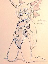 Rule 34 | 1girl, alternate costume, bare legs, barefoot, bow, breasts, commentary request, competition swimsuit, covered navel, d-m (dii emu), eyelashes, full body, greyscale, hair bow, hand on own chest, hand on own stomach, horns, ibuki suika, long hair, looking at viewer, monochrome, one-piece swimsuit, oni horns, open mouth, sketch, swimsuit, touhou, traditional media, very long hair