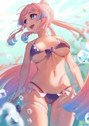 Rule 34 | 1girl, absurdres, air bubble, bare shoulders, bikini, blue hair, blunt bangs, blush, bolinger, bow-shaped hair, breasts, bubble, colored tips, commentary request, frilled bikini, frills, front-tie top, genshin impact, gluteal fold, gradient hair, highres, long hair, looking to the side, medium breasts, multicolored hair, navel, pink hair, ponytail, purple eyes, sangonomiya kokomi, smile, solo, string bikini, submerged, swimming, swimsuit, underboob, underwater, water