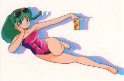 Rule 34 | 1980s (style), 1girl, barefoot, blue eyes, braid, can, drink can, drop shadow, eyewear on head, full body, green hair, head rest, holding, holding can, long hair, looking at viewer, lum, official art, oldschool, one-piece swimsuit, outstretched arm, purple one-piece swimsuit, retro artstyle, soda can, solo, strapless, strapless one-piece swimsuit, swimsuit, urusei yatsura
