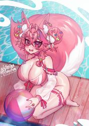 Rule 34 | 1girl, ahoge, animal ear fluff, animal ears, ball, breasts, fang, food, food-themed hair ornament, fox ears, fox girl, fox tail, fruit, hair ornament, highres, indie virtual youtuber, kireina (osiimi), large tail, mole, mole on breast, nail polish, osiimi, pink eyes, pink hair, signature, solo, strawberry, strawberry hair ornament, swimsuit, tail, virtual youtuber