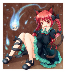 Rule 34 | 1girl, animal ears, braid, cat ears, cat girl, cat tail, dress, fang, female focus, floating skull, hands on own face, kaenbyou rin, leg ribbon, legs, mauve, multiple tails, no socks, open mouth, red eyes, red hair, ribbon, sitting, smile, solo, tail, touhou, twin braids, twintails