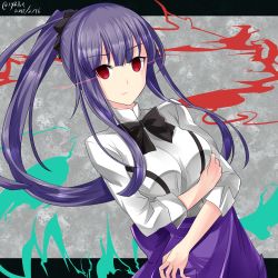 Rule 34 | 1girl, asagami fujino, asagami fujino (second ascension), black bow, black bowtie, bow, bowtie, breasts, commentary request, dated, dutch angle, fate/grand order, fate (series), hair between eyes, hebitsukai-san, highres, kara no kyoukai, long hair, long sleeves, looking at viewer, medium breasts, ponytail, purple hair, purple skirt, red eyes, shirt, sidelocks, skirt, solo, twitter username, very long hair, white shirt