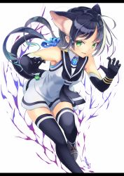Rule 34 | animal ears, armored boots, bad id, bad pixiv id, black gloves, black serafuku, black thighhighs, blue hair, boots, cat ears, cat tail, elbow gloves, gloves, gradient hair, green eyes, hair flaps, hair ribbon, highres, kantai collection, lajhen2651, long hair, low twintails, multicolored hair, neckerchief, paw pose, ribbon, school uniform, serafuku, simple background, sleeveless, suzukaze (kancolle), tail, thighhighs, twintails, white background
