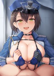 Rule 34 | 1boy, 1girl, :d, absurdres, alternate breast size, azur lane, baltimore (azur lane), baltimore (finish line flagbearer) (azur lane), bikini, black gloves, blue bikini, blue headwear, blue jacket, blush, braid, breasts, breasts squeezed together, brown hair, censored, choker, cleavage, cropped jacket, french braid, gloves, hair between eyes, hat, hetero, highres, huge breasts, jacket, large breasts, looking at viewer, mosaic censoring, motion lines, official alternate costume, open clothes, open mouth, paizuri, penis, pov, precum, race queen, renetan, short hair, smile, solo focus, swimsuit, yellow eyes