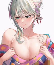 Rule 34 | 1girl, absurdres, breasts, cleavage, collarbone, dobure18, embarrassed, eyelashes, flower, green eyes, green hair, hair flower, hair ornament, heavy breathing, highres, japanese clothes, kimono, large breasts, lips, looking away, miyu ottavia, mole, mole on chest, multicolored hair, nijisanji, nijisanji id, side ponytail, simple background, single bare shoulder, streaked hair, sweat, tattoo, undressing, virtual youtuber, white background
