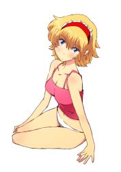 Rule 34 | 1girl, alice margatroid, bad id, bad pixiv id, bare shoulders, blonde hair, blue eyes, blush, breasts, camisole, collarbone, female focus, hairband, medium breasts, navel, non (z-art), panties, short hair, simple background, sitting, solo, touhou, underwear, underwear only, white background, white panties