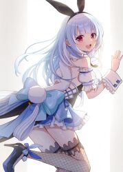 Rule 34 | 1girl, bare shoulders, blue hair, frilled wrist cuffs, frills, glaze artifacts, highres, hololive, long hair, open mouth, rabbit ears, simple background, smile, solo, uni (maru231), usada pekora, virtual youtuber, white wrist cuffs, wrist cuffs