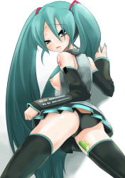 Rule 34 | 1girl, aqua hair, black panties, black thighhighs, breasts, hair between eyes, half-closed eyes, hatsune miku, long hair, looking back, nipples, open clothes, open shirt, panties, shirt, solo, spring onion, suemitsu dicca, sweat, thighhighs, twintails, underwear, very long hair, vocaloid, white background
