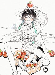 Rule 34 | 1boy, :d, apple, arm at side, black hair, blue hair, blush, bottle, center frills, closed eyes, collared shirt, facing viewer, food, frilled shirt, frills, from above, fruit, full body, genshin impact, hair between eyes, hand on own head, highres, holding, holding food, holding fruit, legs apart, looking at viewer, low twintails, male focus, mint-tan, multicolored hair, open mouth, partially colored, picnic basket, shirt, short hair with long locks, shorts, sidelocks, sitting, smile, solo, teeth, trap, twintails, two-tone hair, upper teeth only, venti (genshin impact), vision (genshin impact), watermark, wine bottle