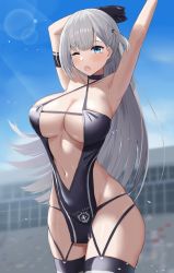 Rule 34 | 1girl, absurdres, arm strap, arms up, azur lane, bare hips, black gloves, black panties, blue eyes, blue sky, breasts, center opening, criss-cross halter, dress, gloves, grey hair, halter dress, halterneck, highres, large breasts, lens flare, long hair, looking at viewer, mole, mole under eye, navel, official alternate costume, one eye closed, open mouth, outdoors, panties, panty straps, pelvic curtain, race queen, revealing clothes, rk (cc15915r), shoukaku (azur lane), shoukaku (sororal wings) (azur lane), sky, solo, standing, thighhighs, underwear