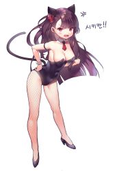 Rule 34 | &gt;:o, 1girl, :o, absurdres, anger vein, animal ears, armlet, bad id, bad twitter id, bare shoulders, blush, breasts, cat ears, cat tail, cleavage, covered navel, detached collar, fake animal ears, fang, fishnet pantyhose, fishnets, gimt, girls&#039; frontline, hair ribbon, hand on own hip, high heels, highres, kittysuit, korean text, leaning forward, leotard, long hair, looking at viewer, medium breasts, necktie, nontraditional playboy bunny, one side up, pantyhose, pink eyes, purple hair, ribbon, short necktie, simple background, single sidelock, solo, standing, tail, v-shaped eyebrows, wa2000 (girls&#039; frontline), white background, wrist cuffs