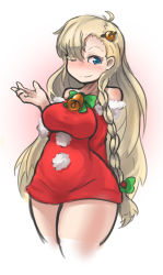Rule 34 | 1girl, ;), ahoge, arceonn, bare shoulders, bell, blonde hair, blush, borrowed character, braid, breasts, christmas, cowboy shot, cropped legs, curvy, detached sleeves, dress, fringe trim, fur collar, hair bell, hair ornament, highres, large breasts, long hair, muchigaku, one eye closed, original, pandora smith (magister), red dress, red skirt, side braid, single braid, skirt, smile, solo, thick thighs, thighs, wink