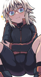 Rule 34 | 1girl, absurdres, arm under breasts, bespectacled, bike shorts, black footwear, black jacket, black shirt, black shorts, black socks, breasts, brown hair, closed mouth, commentary request, feet out of frame, glasses, green eyes, hair between eyes, hand up, highres, jacket, koshirae tsurugi (m.m), long hair, long sleeves, looking at viewer, low ponytail, m.m, original, ponytail, puffy long sleeves, puffy sleeves, red-framed eyewear, shirt, shoes, shorts, simple background, small breasts, smile, socks, solo, sparkle, squatting, track jacket, white background