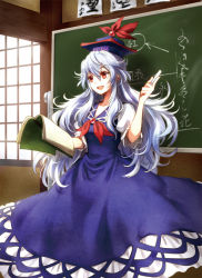 Rule 34 | 1girl, :d, blue hair, book, chalk, chalkboard, dress, female focus, hat, holding, holding book, kamishirasawa keine, long hair, open book, open mouth, red eyes, ria (rilpoppo), smile, solo, touhou