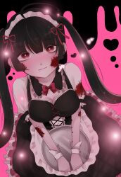 Rule 34 | 1girl, black hair, blood, blood on face, bow, bowtie, breasts, crazy, highres, holding, holding tray, jirai kei, maid, medium breasts, original, tray, twintails, xox 755nya, yandere