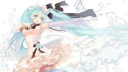 Rule 34 | 1girl, aqua eyes, aqua hair, bzerox, dress, elbow gloves, frilled dress, frilled skirt, frills, gloves, hatsune miku, highres, md5 mismatch, open mouth, outstretched arm, ribbon, single glove, skirt, solo, twintails, vocaloid