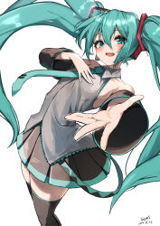 Rule 34 | 1girl, absurdres, black thighhighs, green hair, hatsune miku, highres, necktie, reaching, reaching towards viewer, solo, ta1sh1, thighhighs, twintails, vocaloid, white background