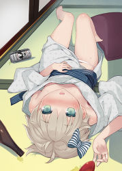 Rule 34 | 1girl, alcohol, areola slip, bare legs, bare shoulders, barefoot, bath yukata, beer, beer can, blue eyes, blush, bottle, bow, breasts, can, door, drink can, drunk, foreshortening, grey hair, hair between eyes, hair bow, japanese clothes, kantai collection, kimono, long sleeves, looking at viewer, loose clothes, lying, minamura haruki, obi, off shoulder, on back, open mouth, panties, pillow, sash, short hair, sliding doors, solo, sweat, tatami, underwear, undressing, wet, wide sleeves, yukata, z1 leberecht maass (kancolle)