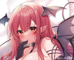 Rule 34 | 1girl, bare shoulders, bat wings, biting, black gloves, blush, breasts, cleavage, collar, commentary request, glove biting, gloves, grey background, hair between eyes, hand up, head wings, koakuma, large breasts, leash, long hair, looking at viewer, natsuki (ukiwakudasai), parted lips, pointy ears, red eyes, red hair, simple background, solo, touhou, upper body, wings